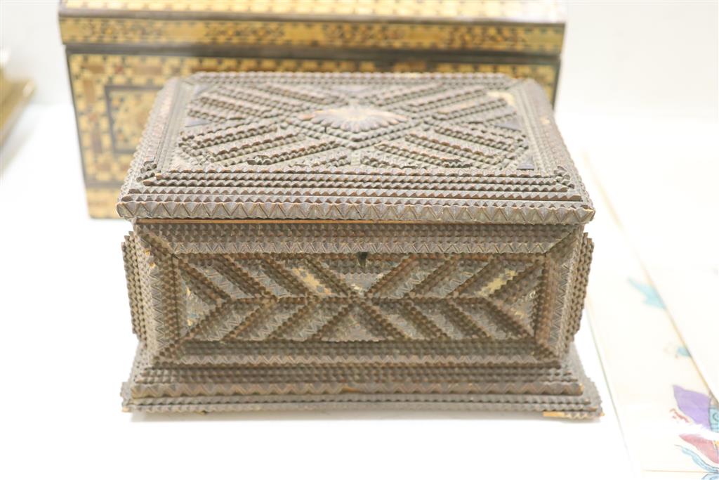 An Anglo-Indian casket, a Damascan domed casket and a modern globe, longest 40cm
